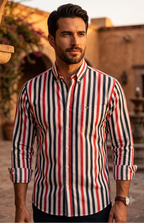 Camisa Hombre Casual Rayas Blancas, Gris, Rojizas