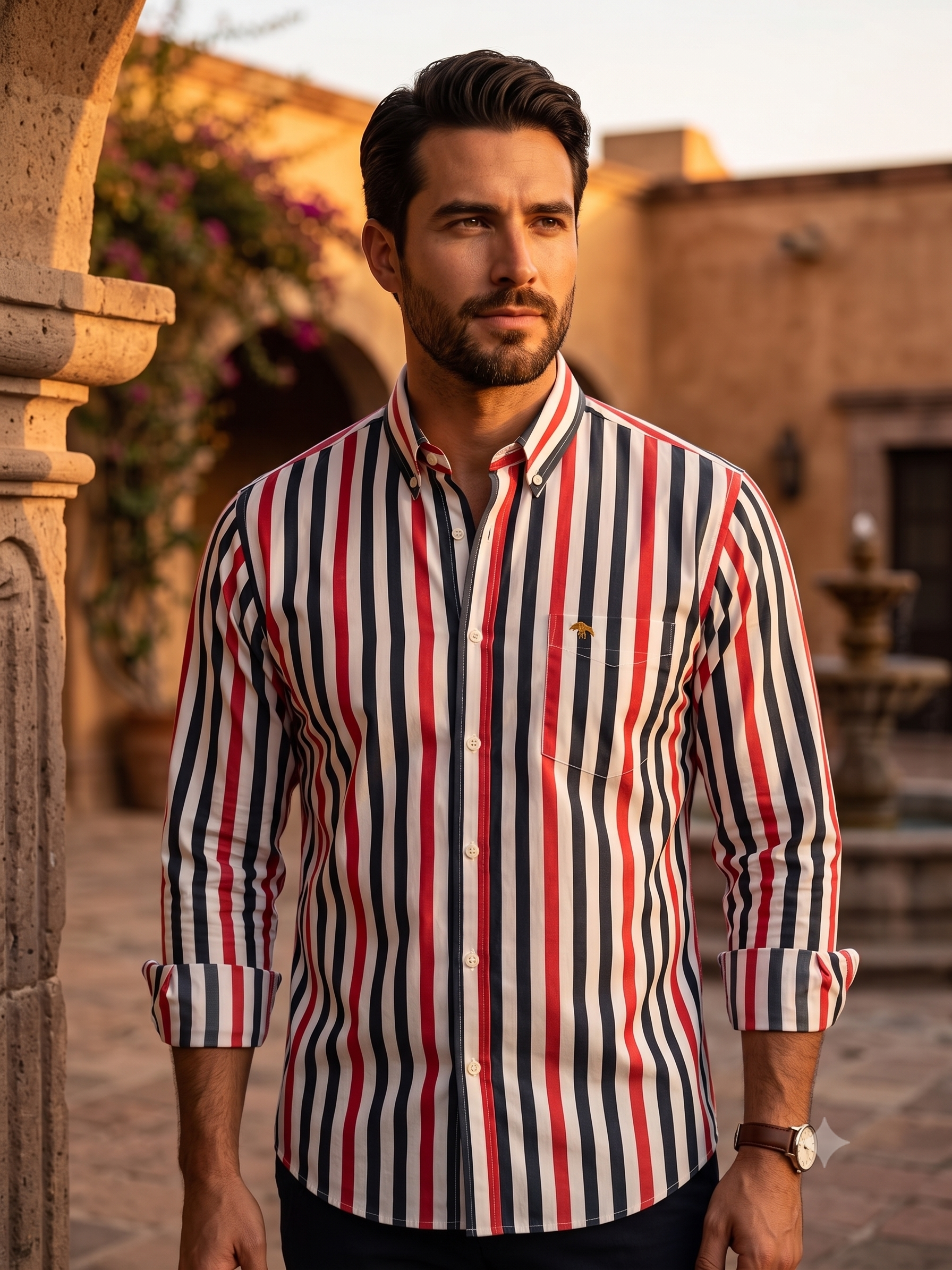Camisa Hombre Casual Rayas Blancas, Gris, Rojizas