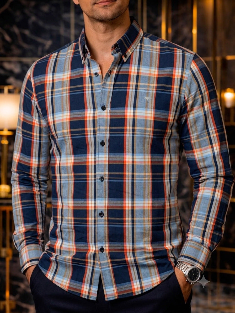 Camisa Hombre Casual Cuadros Marino, Azul, Naranja