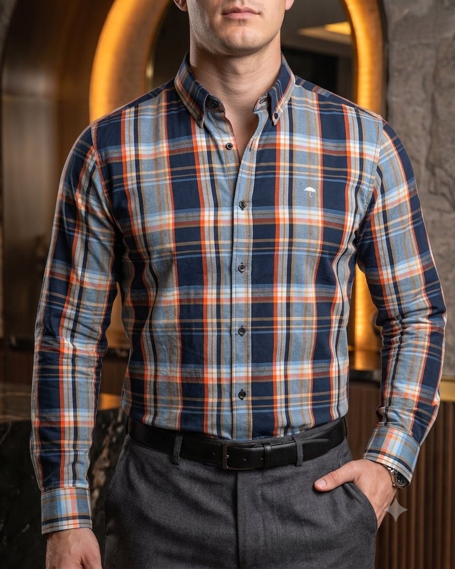 Camisa Hombre Casual Cuadros Marino, Azul, Naranja