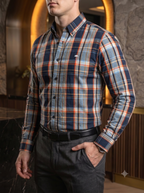 Camisa Hombre Casual Cuadros Marino, Azul, Naranja