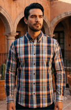 Camisa Hombre Casual Cuadros Marino, Azul, Naranja
