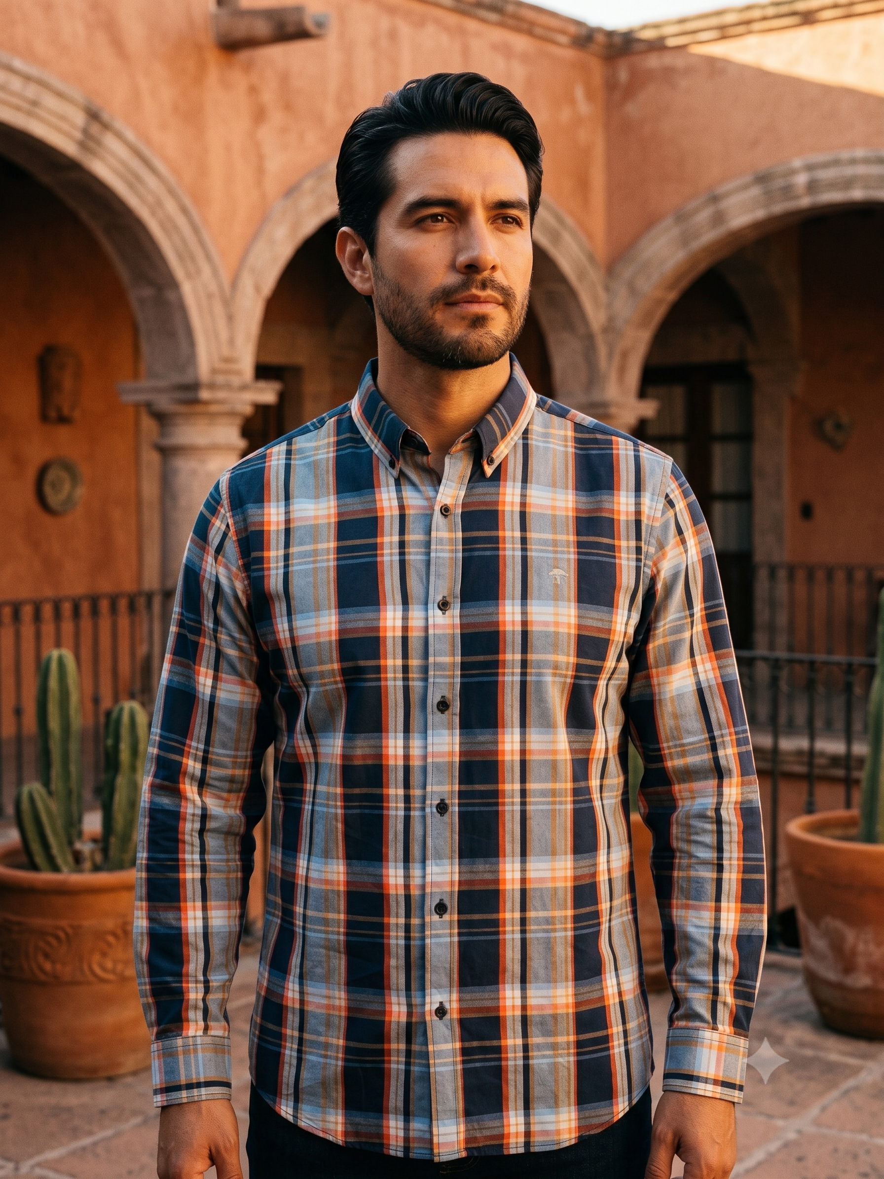 Camisa Hombre Casual Cuadros Marino, Azul, Naranja