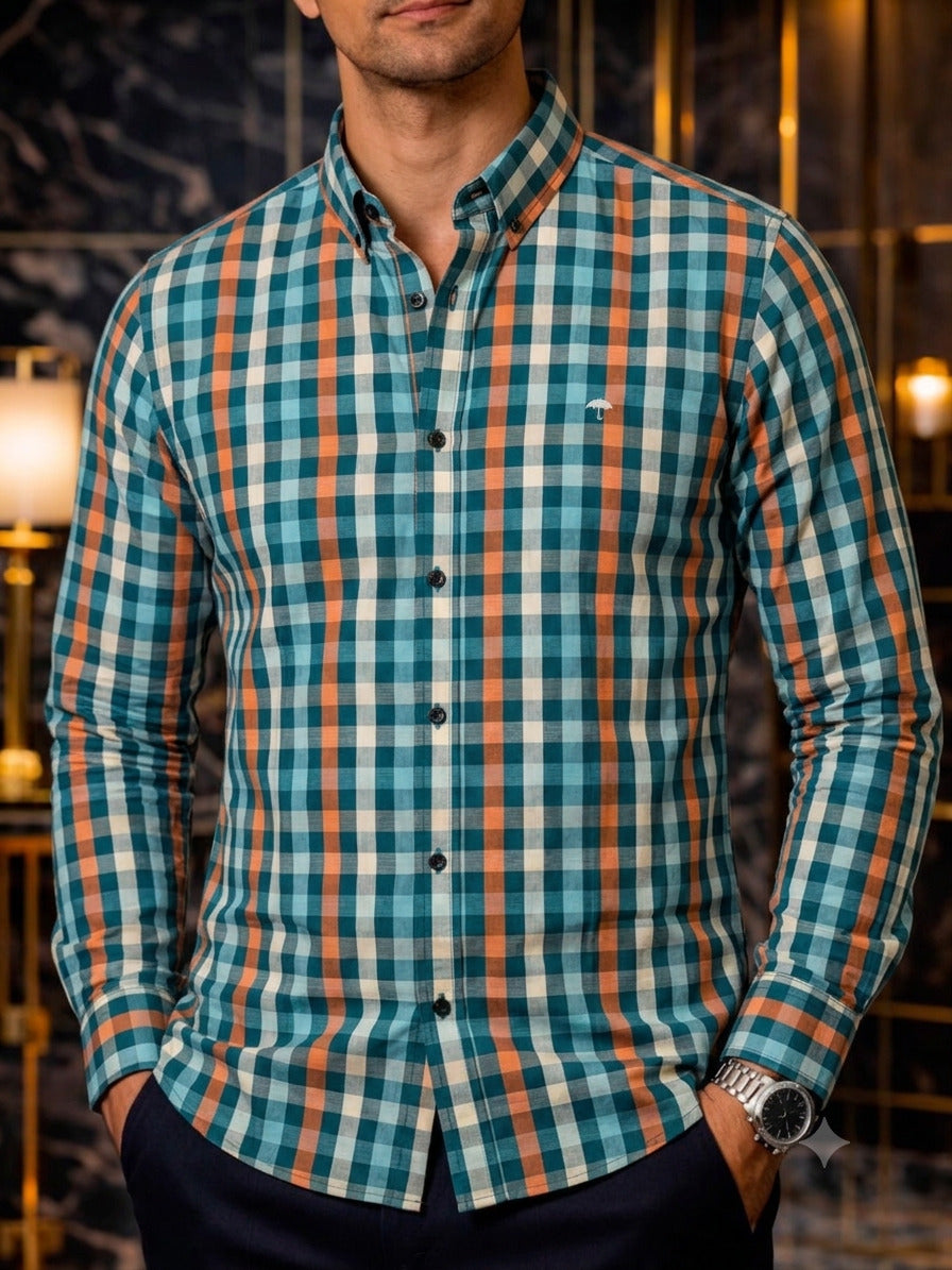 Camisa Hombre Casual Cuadros Verdes, Azul, Naranjas