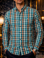 Camisa Hombre Casual Cuadros Verdes, Azul, Naranjas
