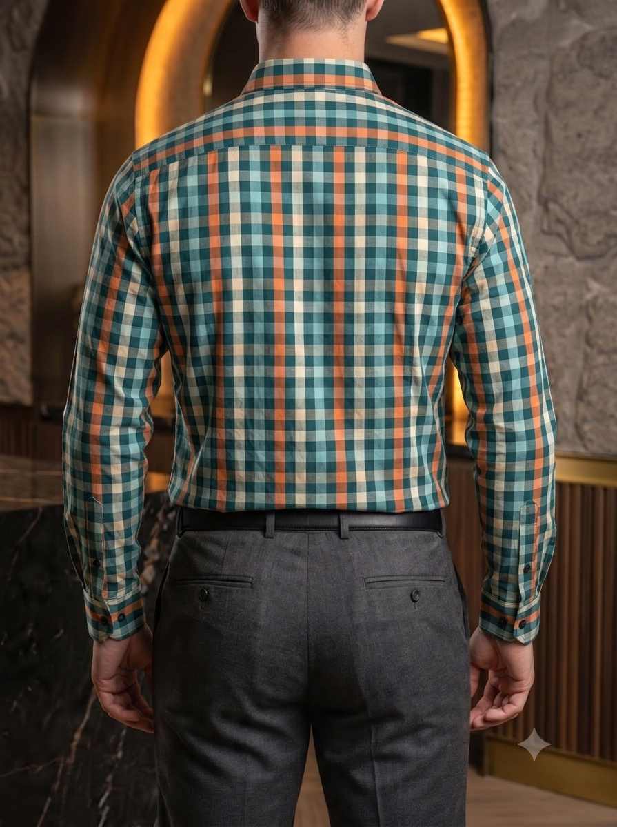 Camisa Hombre Casual Cuadros Verdes, Azul, Naranjas