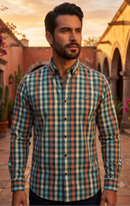 Camisa Hombre Casual Cuadros Verdes, Azul, Naranjas