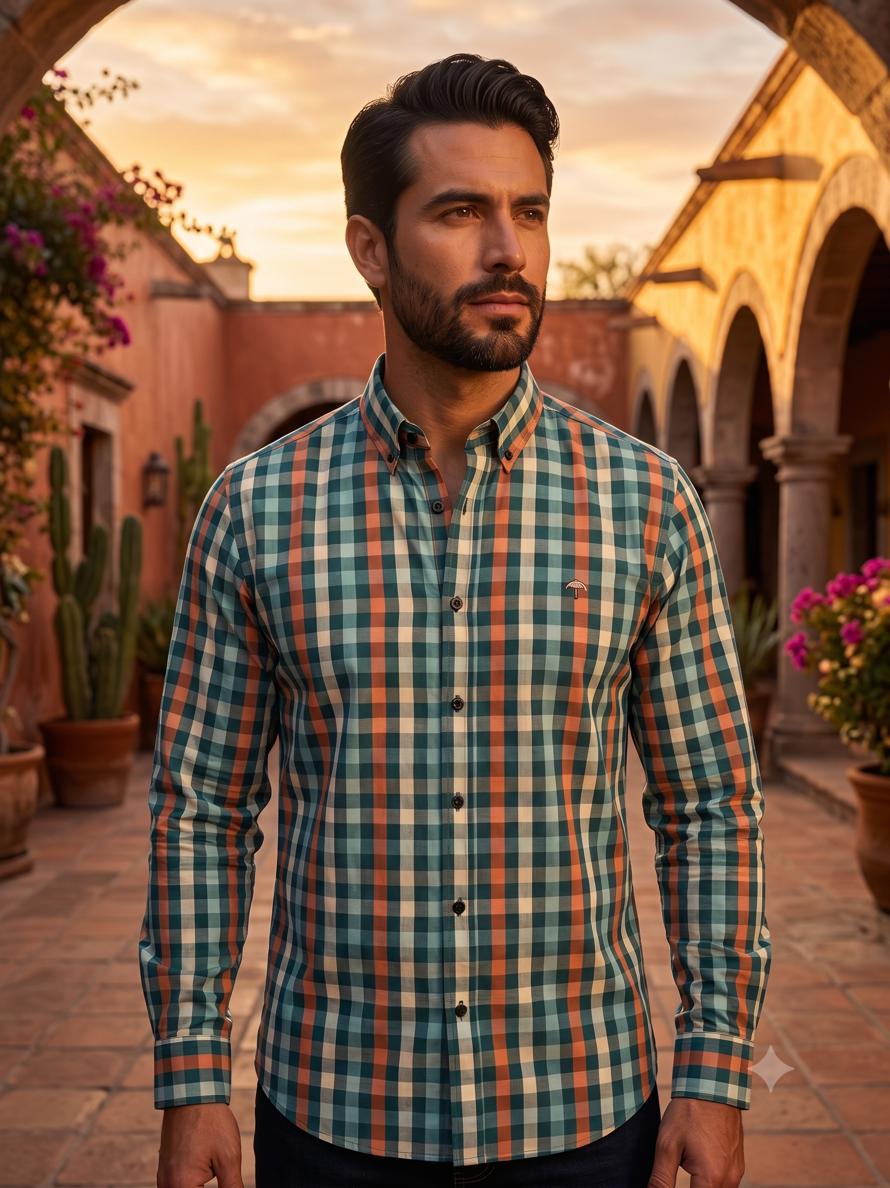 Camisa Hombre Casual Cuadros Verdes, Azul, Naranjas