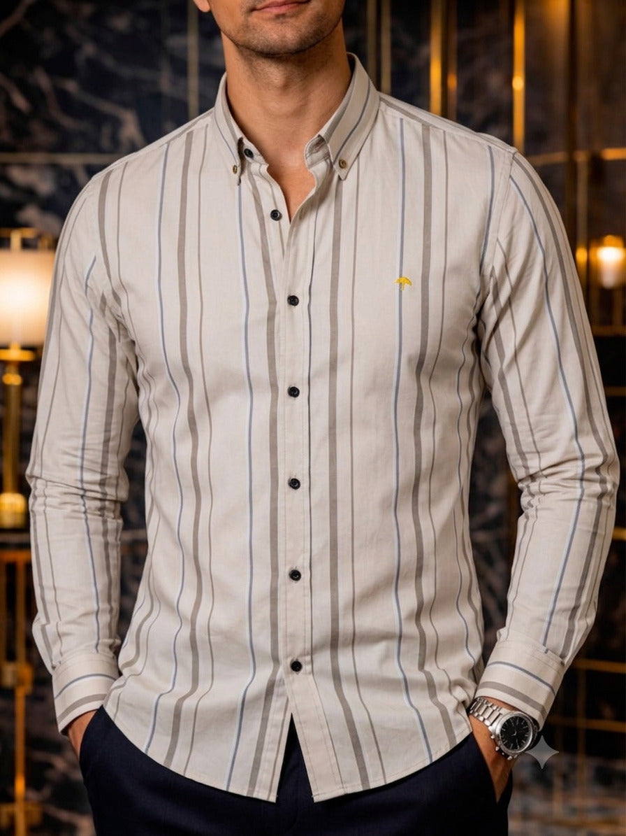 Camisa Hombre Casual Beige Líneas Café Y Azul
