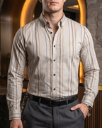 Camisa Hombre Casual Beige Líneas Café Y Azul
