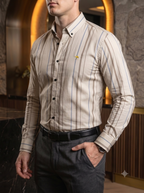 Camisa Hombre Casual Beige Líneas Café Y Azul