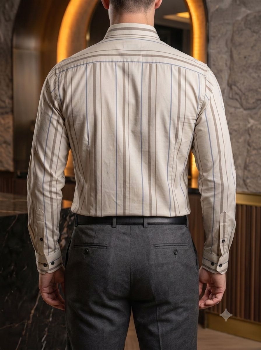 Camisa Hombre Casual Beige Líneas Café Y Azul
