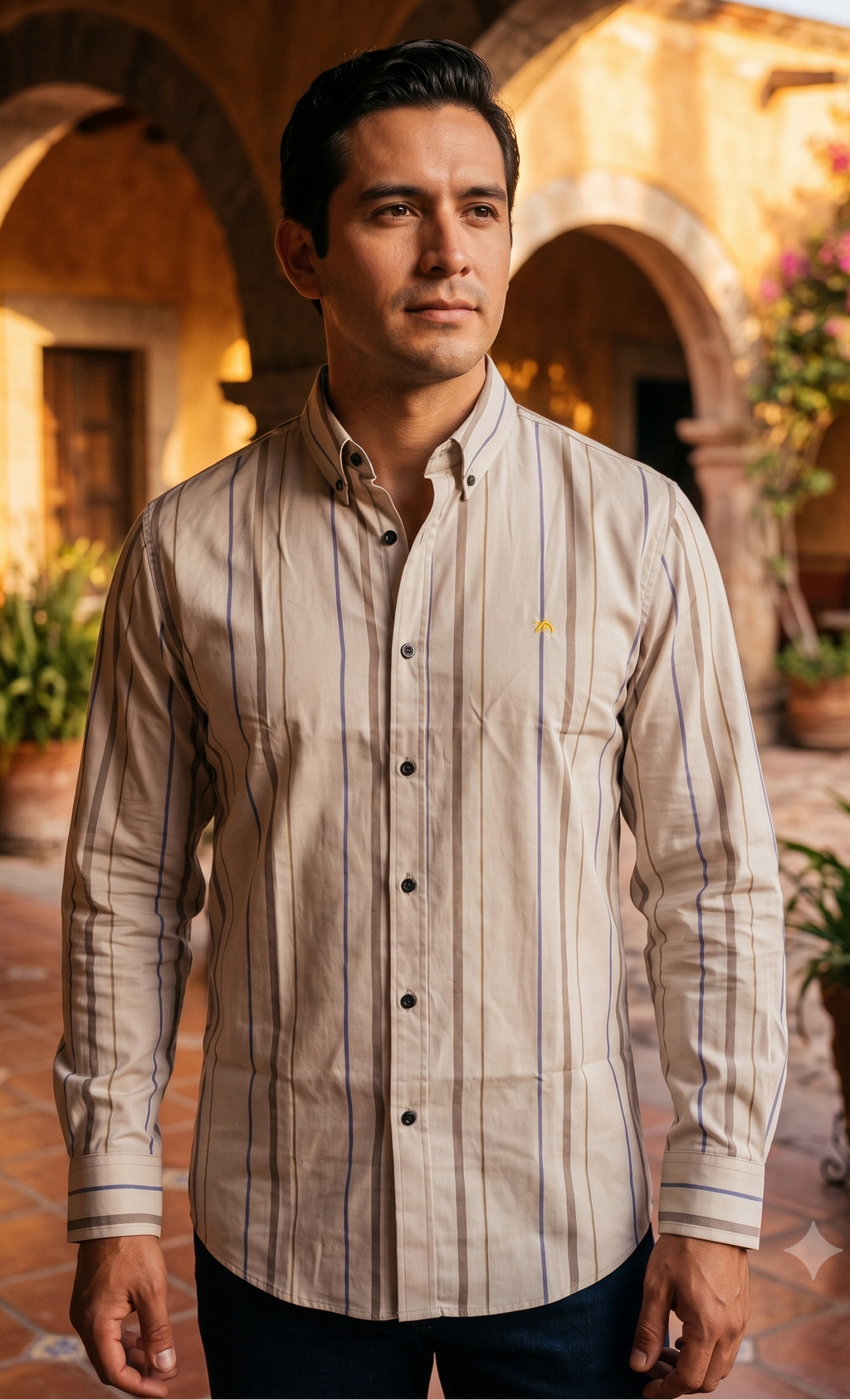 Camisa Hombre Casual Beige Líneas Café Y Azul