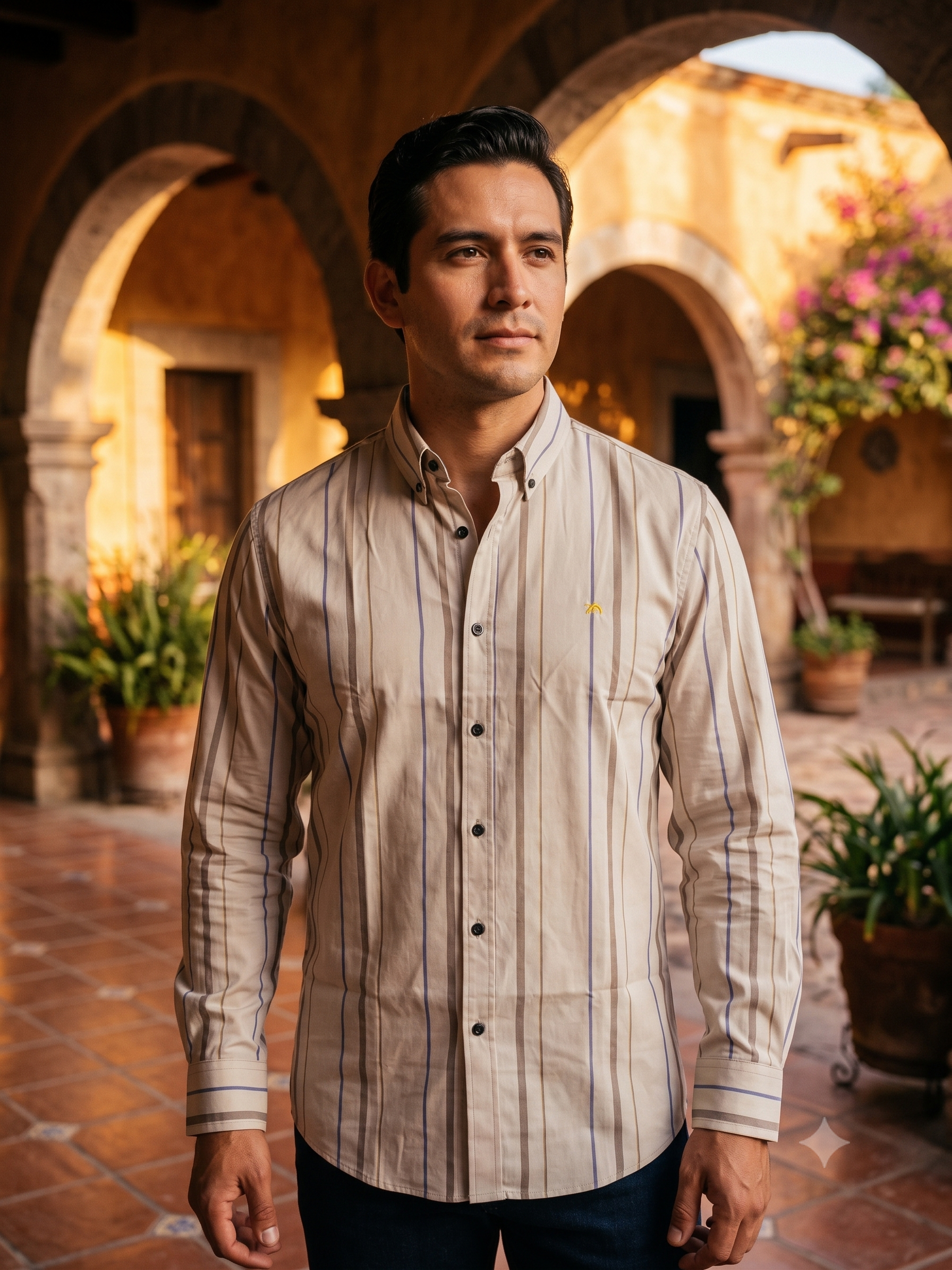 Camisa Hombre Casual Beige Líneas Café Y Azul