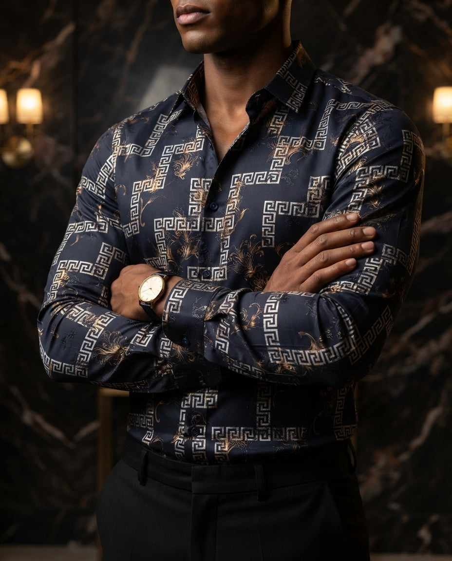 Camisa Hombre Casual Azul Marino Figuras Plateadas