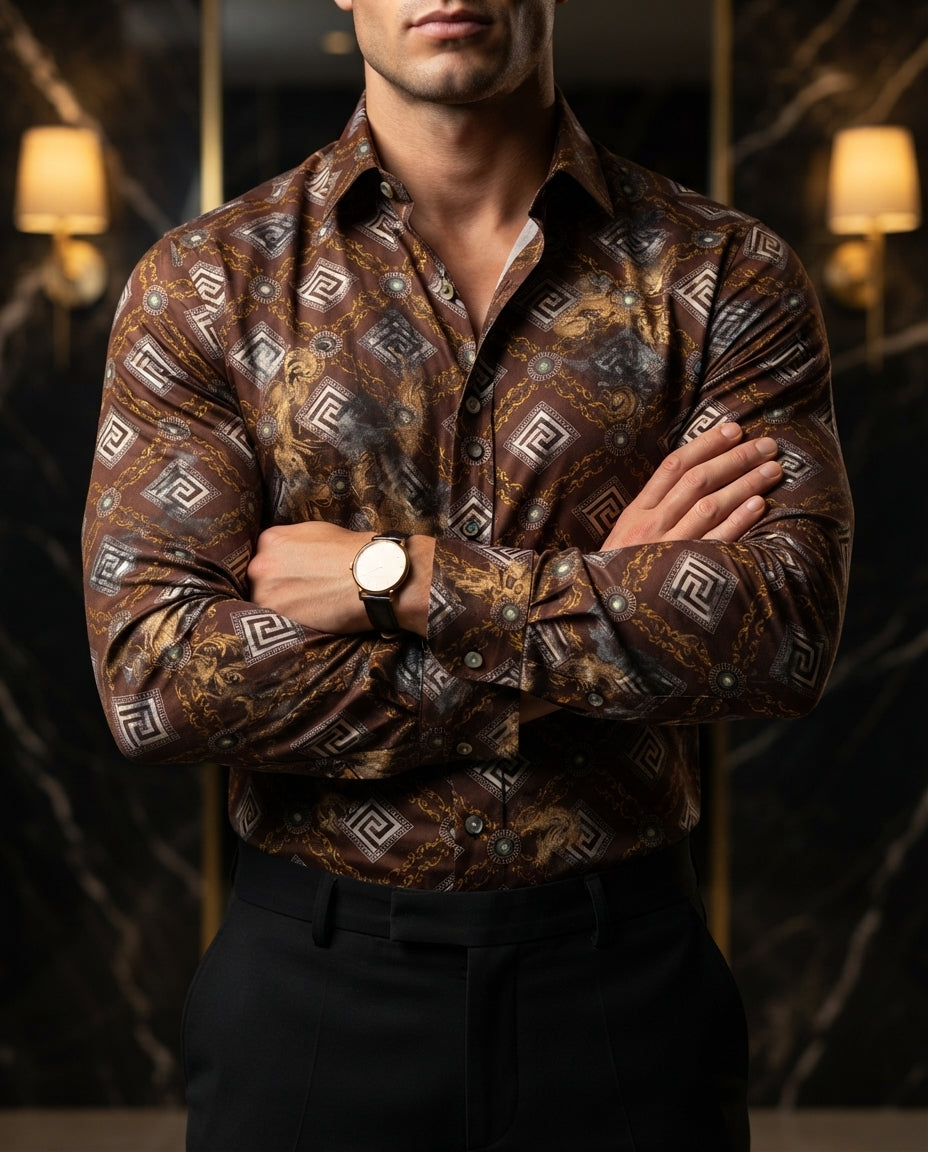 Camisa Hombre Casual Marrón Figuras Blancas