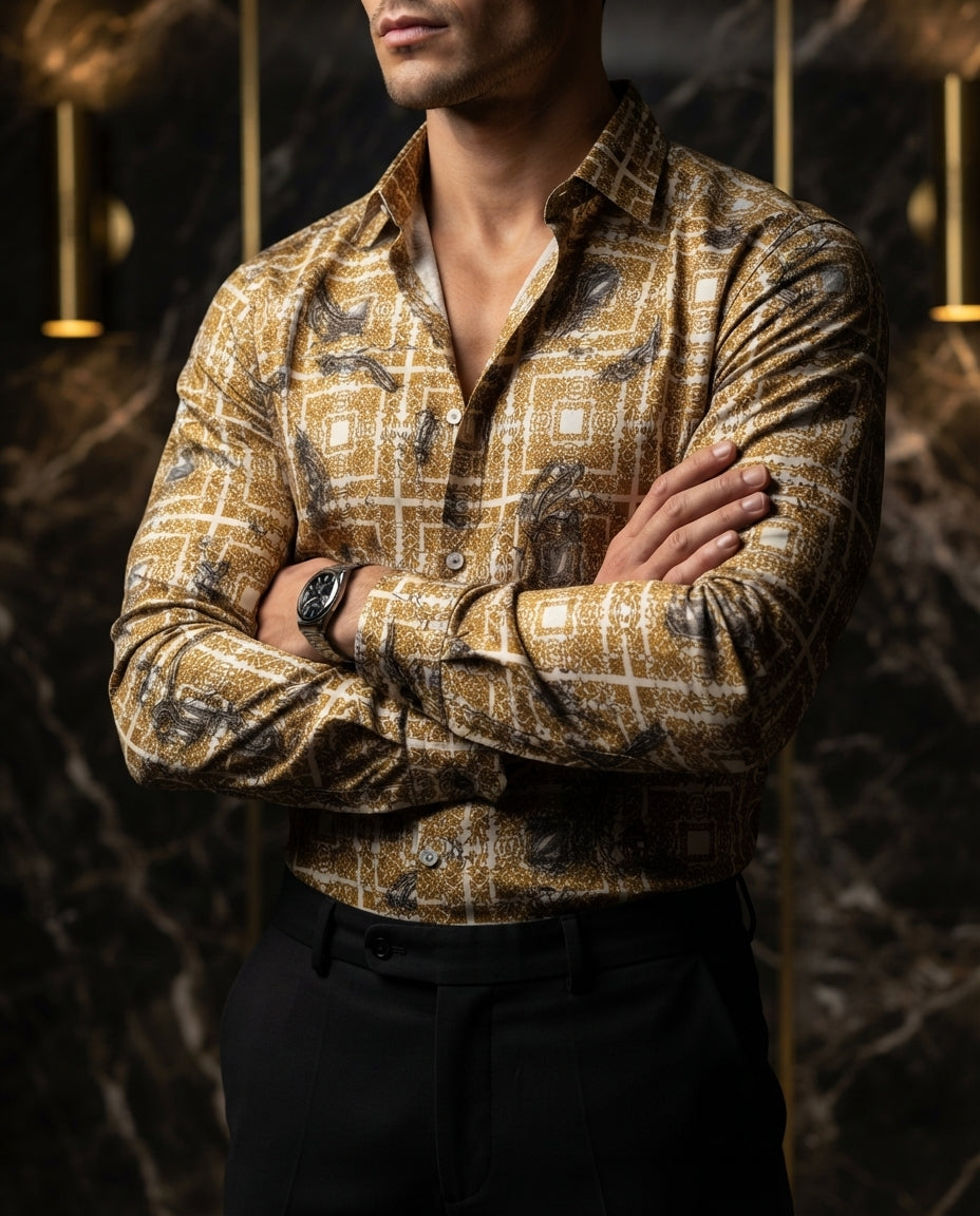 Camisa Hombre Casual Figuras Doradas, Blancas