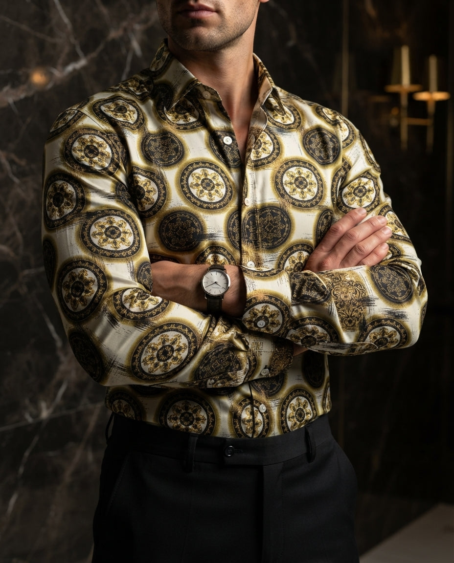 Camisa Hombre Casual Blancas Figuras Mandalas Negras. Doradas