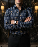 Camisa Hombre Casual Azul Marino Figuras Blancas
