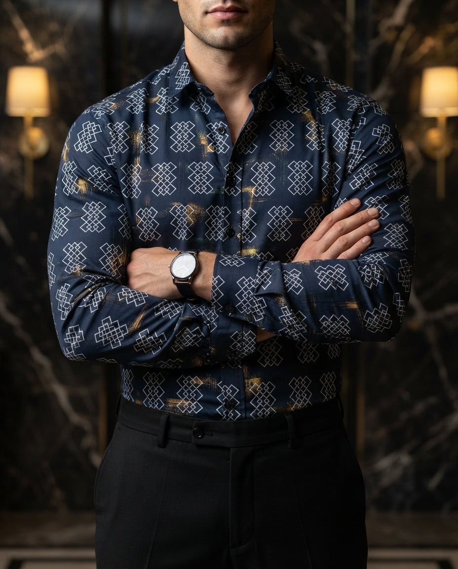 Camisa Hombre Casual Azul Marino Figuras Blancas