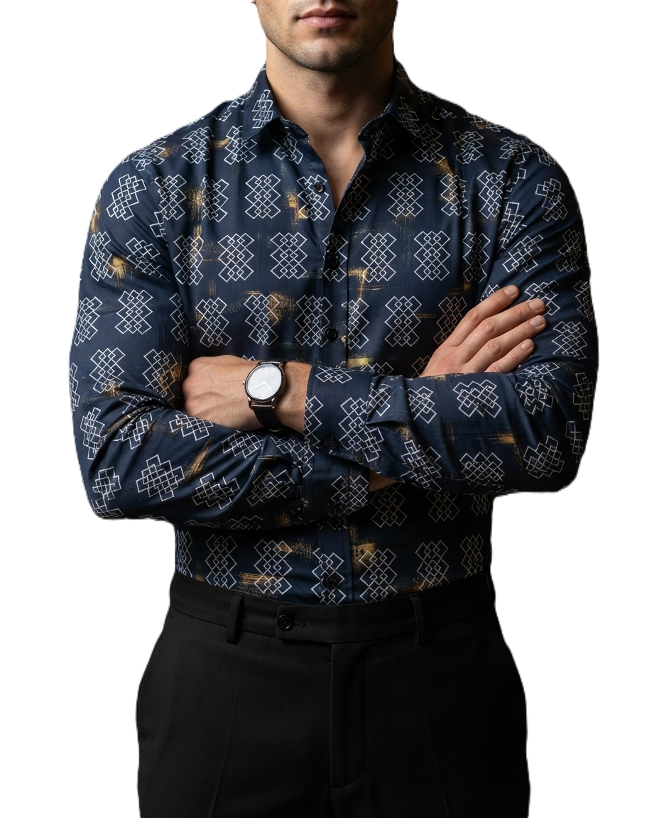 Camisa Hombre Casual Azul Marino Figuras Blancas