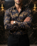 Camisa Hombre Casual Azul Marino Figuras Bronce