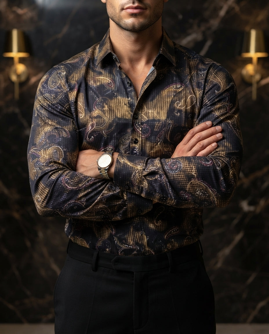 Camisa Hombre Casual Azul Marino Figuras Bronce
