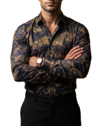 Camisa Hombre Casual Azul Marino Figuras Bronce