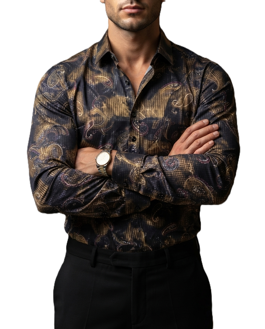 Camisa Hombre Casual Azul Marino Figuras Bronce