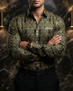 Camisa Hombre Casual Negra Figuras Mandalas Doradas, Marino