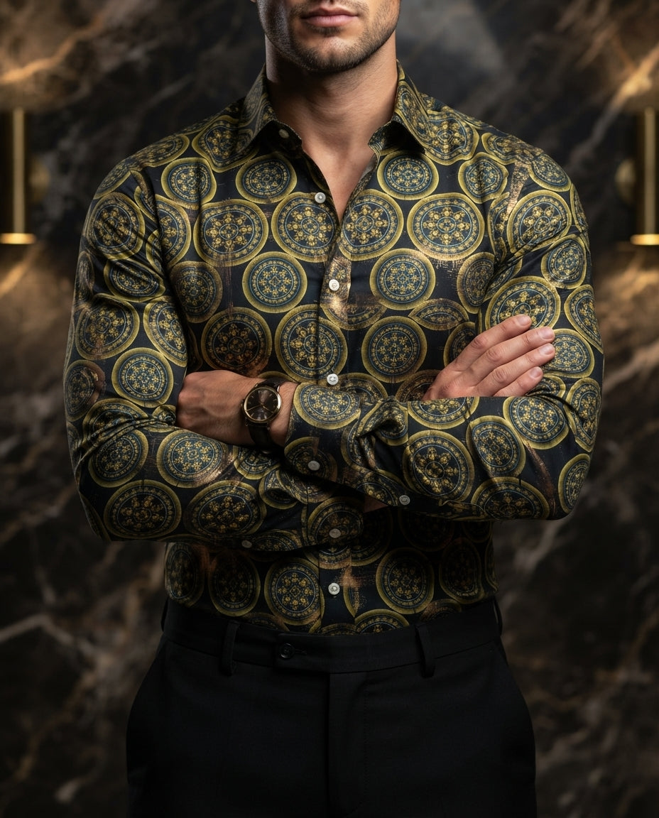 Camisa Hombre Casual Negra Figuras Mandalas Doradas, Marino
