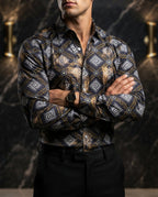Camisa Hombre Casual Negro Mate Figuras Blancas