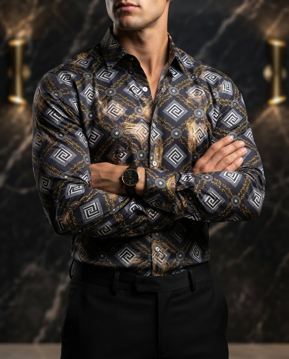 Camisa Hombre Casual Negro Mate Figuras Blancas