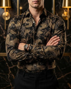 Camisa Hombre Casual Negra Figuras Floreada Dorada