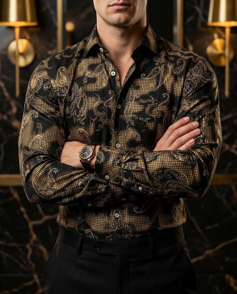 Camisa Hombre Casual Negra Figuras Floreada Dorada
