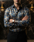 Camisa Hombre Casual Flores Tornasol Azul, Doradas
