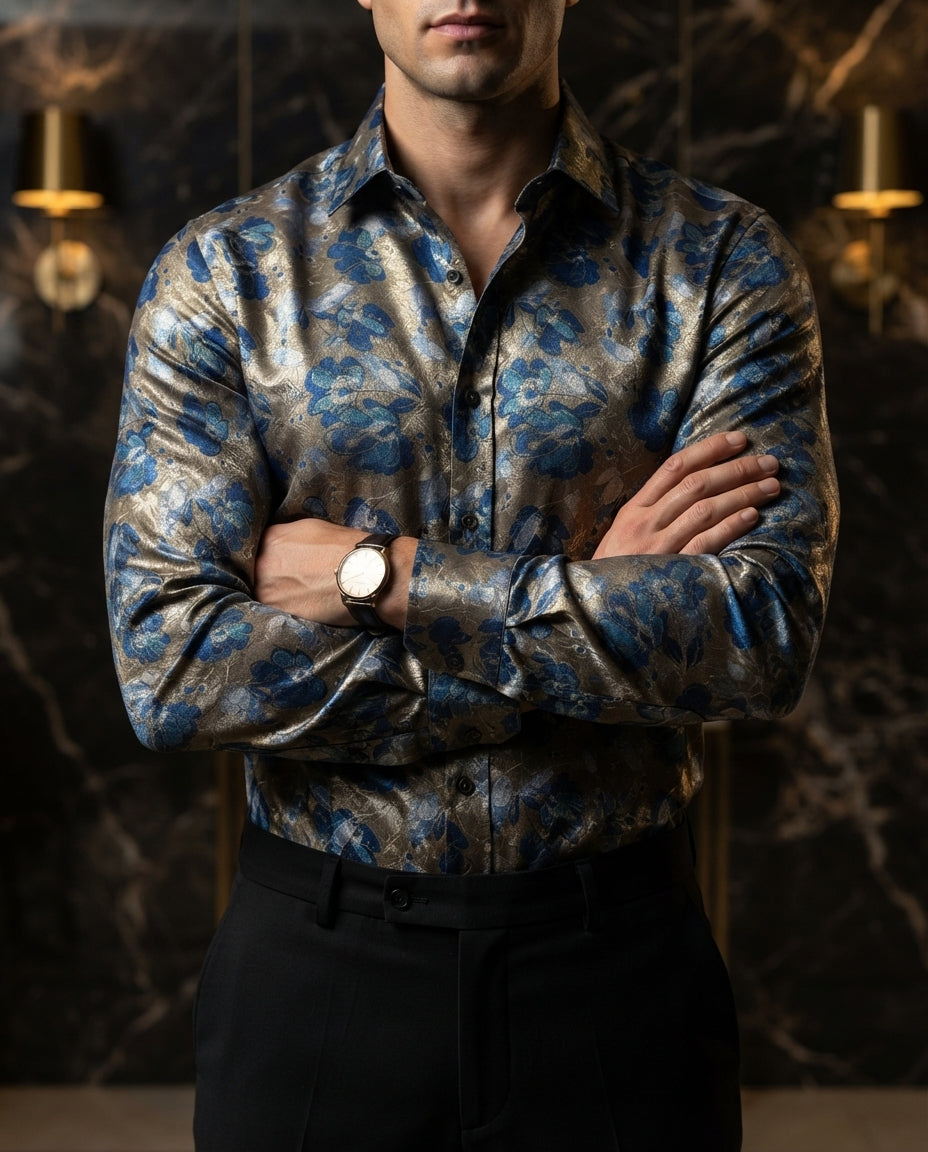 Camisa Hombre Casual Flores Tornasol Azul, Doradas