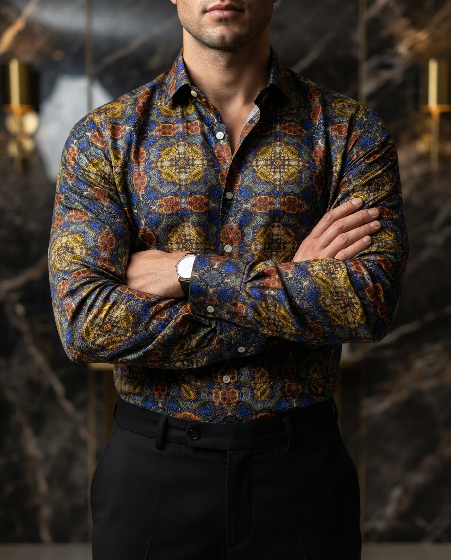 Camisa Hombre Casual Figuras Azules, Amarillas, Naranjas