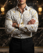 Camisa Hombre Casual Blanca Cadenas Doradas, Plateadas