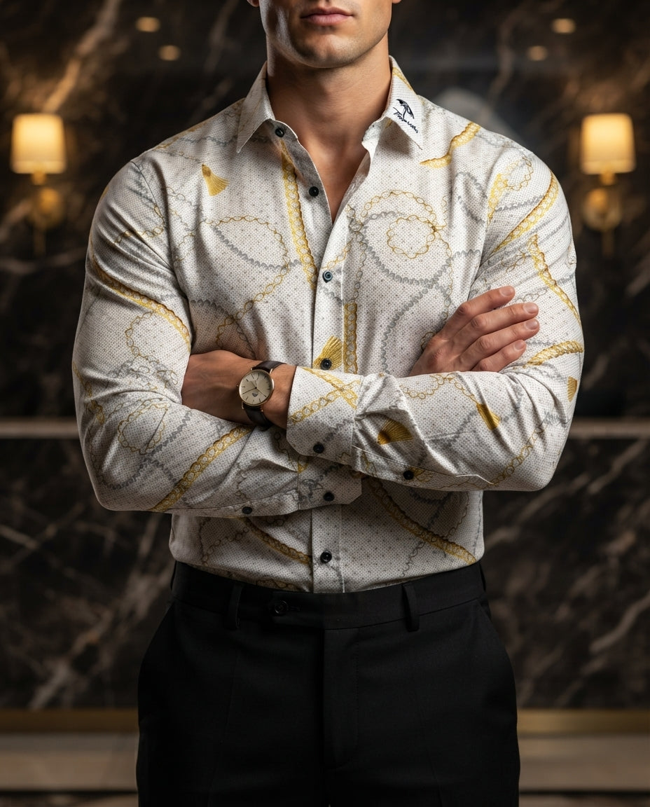 Camisa Hombre Casual Blanca Cadenas Doradas, Plateadas