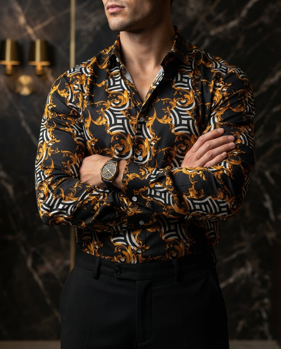 Camisa Hombre Casual Negra Figuras Blancas Cadenas