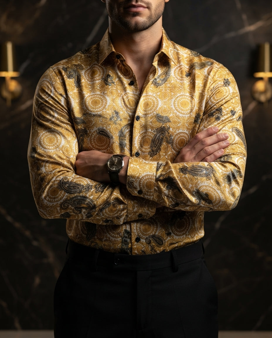 Camisa Hombre Casual Figuras Doradas, Blancas