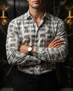 Camisa Hombre Casual Blanca Figuras Negras Destellos