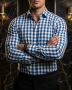 Camisa Hombre Cuadros Azul Acero, Blancos