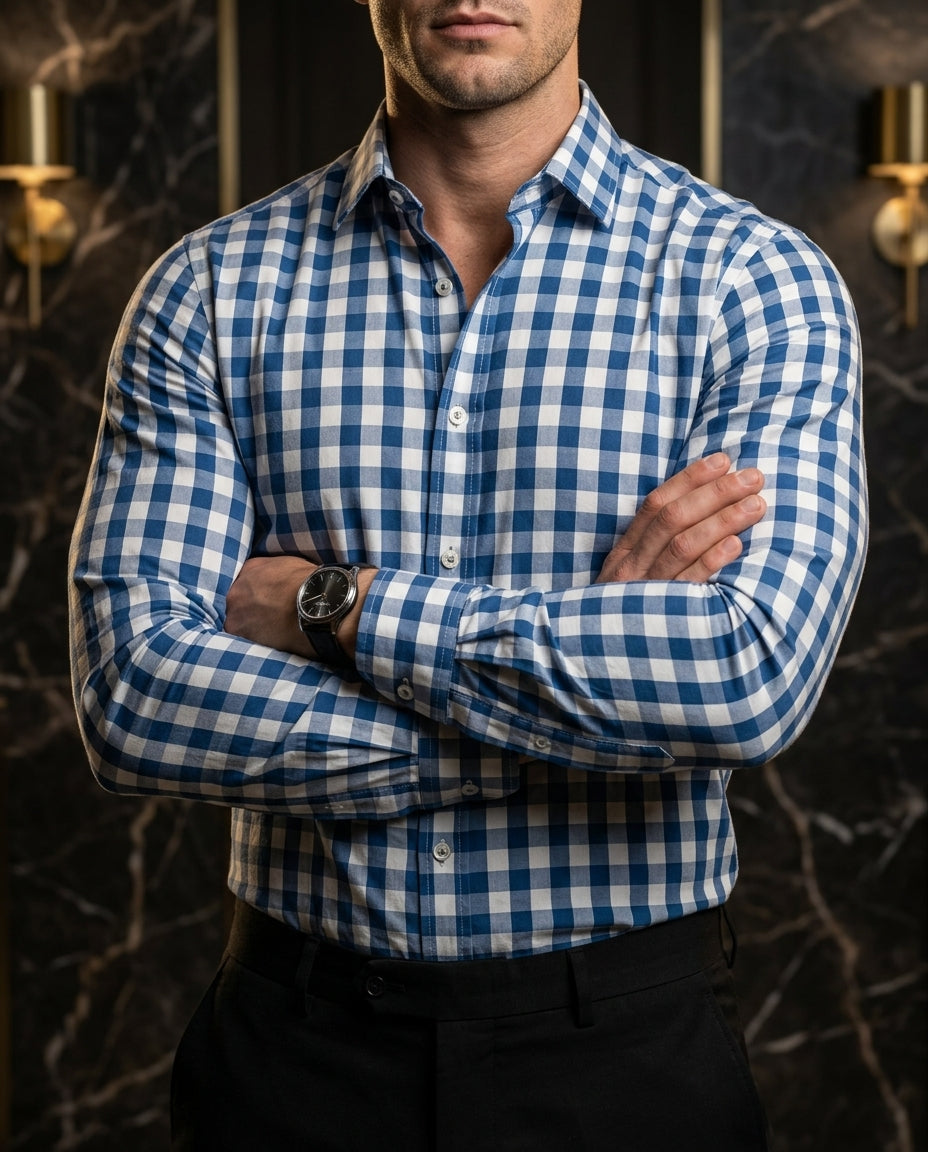 Camisa Hombre Cuadros Azul Acero, Blancos
