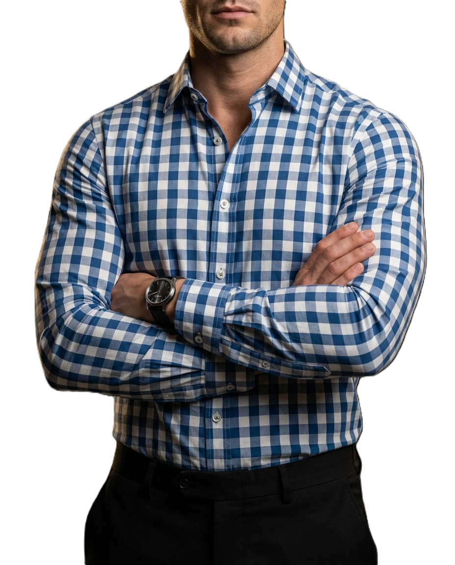 Camisa Hombre Cuadros Azul Acero, Blancos