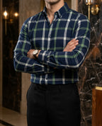 Camisa Hombre Cuadros Azul Marino Cuadros Verdes, Blancas