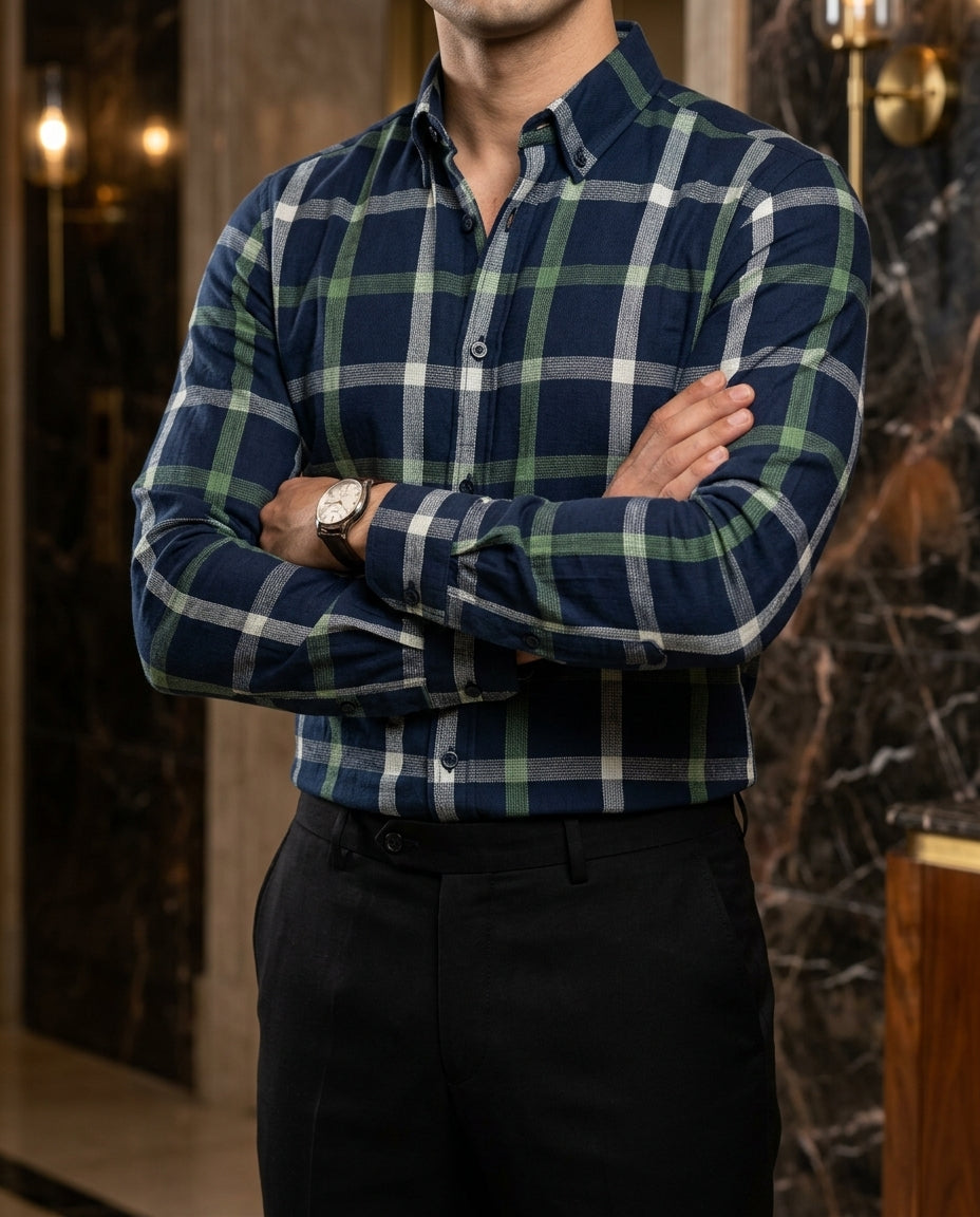Camisa Hombre Cuadros Azul Marino Cuadros Verdes, Blancas