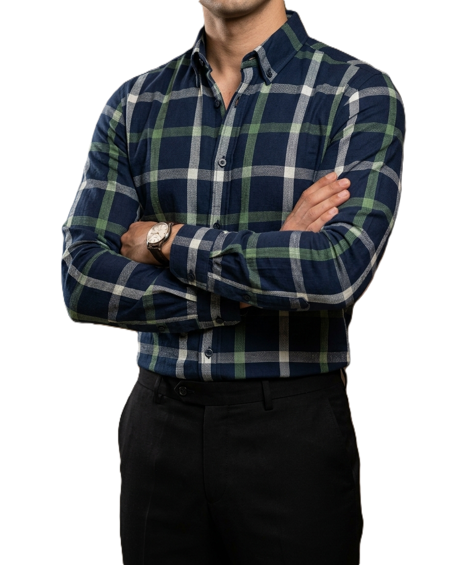 Camisa Hombre Cuadros Azul Marino Cuadros Verdes, Blancas