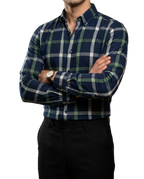 Camisa Hombre Cuadros Azul Marino Cuadros Verdes, Blancas